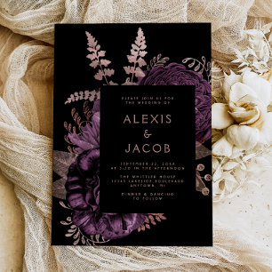 Elegant Moody Dark Floral Purple Rose Gold Wedding Invitation