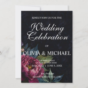 Elegant moody dark pink watercolor floral Wedding Invitation