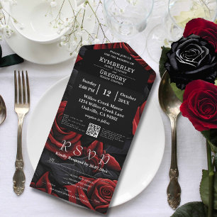 Elegant Moody Dark Red Black Rose Floral  QR Code  All In One Invitation