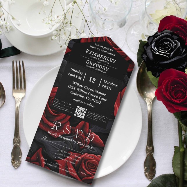 Elegant Moody Dark Red Black Rose Floral  QR Code  All In One Invitation (Creator Uploaded)