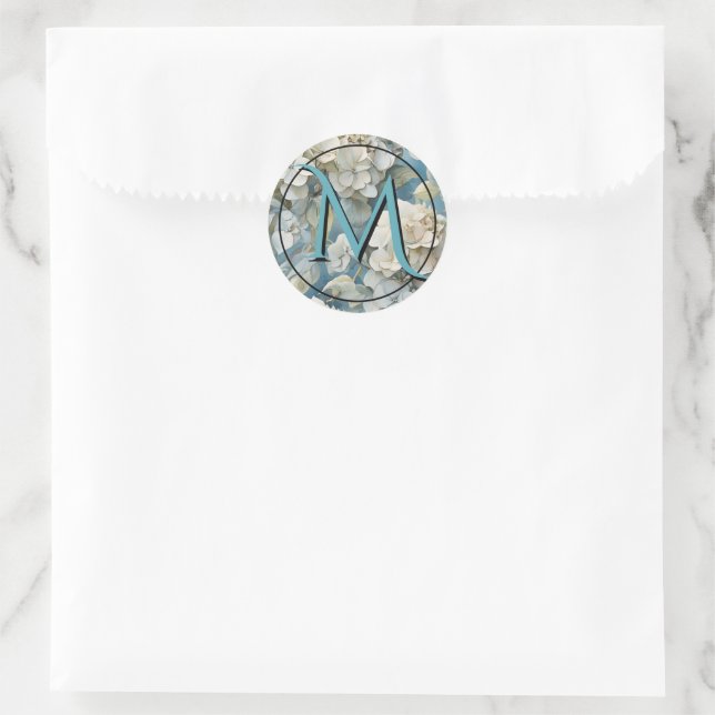 Elegant moody dusty blue watercolor florals classic round sticker (Bag)