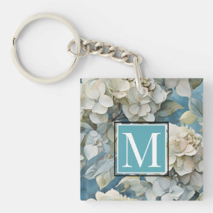 Elegant moody dusty blue watercolor florals keychain