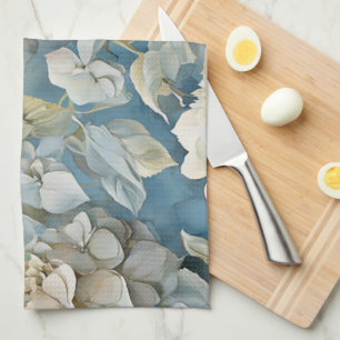 Elegant moody dusty blue watercolor florals kitchen towel