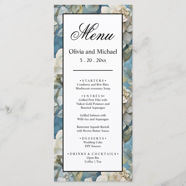 Elegant moody dusty blue watercolor florals menu (Front)