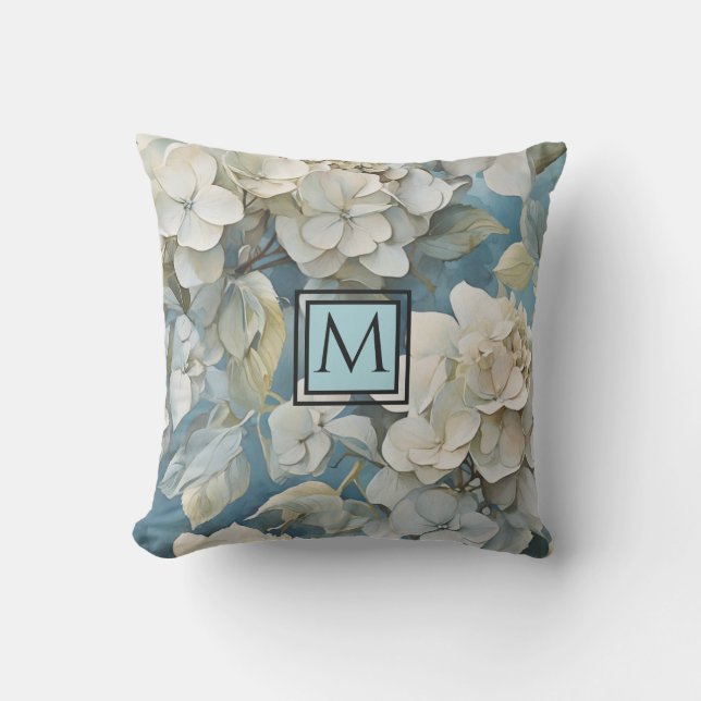 Elegant moody dusty blue watercolor florals outdoor pillow (Front)