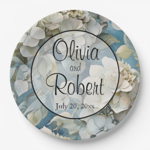 Elegant moody dusty blue watercolor florals paper plate