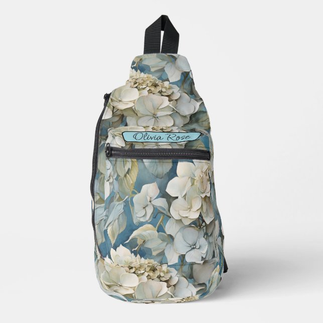 Elegant moody dusty blue watercolor florals sling bag (Front)