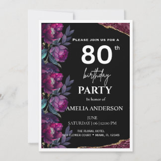 Elegant Moody Floral Burgundy Black 80th Birthday  Invitation