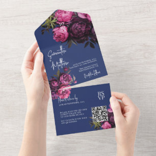 Elegant Moody Florals Navy Blue Wedding w/ QR Code All In One Invitation