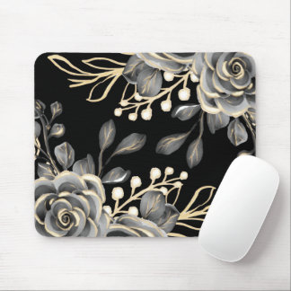 Elegant Moody Grey Gold Black Floral Watercolor Mouse Pad