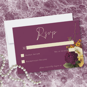 Elegant Moody Jewel Vintage Floral Wine Wedding RSVP Card