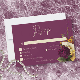 Elegant Moody Jewel Vintage Floral Wine Wedding RSVP Card