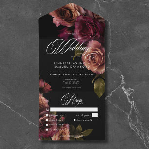 Elegant Moody Muted Rust & Burgundy Floral Dinner All In One Invitation