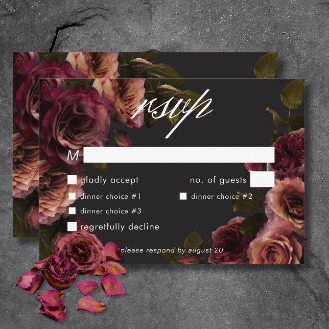 Elegant Moody Muted Rust & Burgundy Floral Dinner RSVP Card (Elegant Moody Muted Rust & Burgundy Floral Dinner RSVP Card)