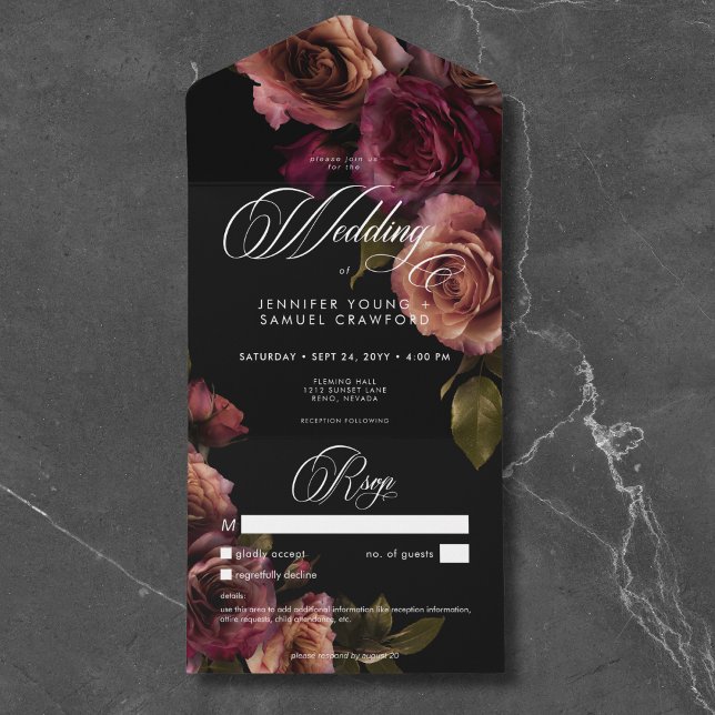 Elegant Moody Muted Rust Burgundy Floral No Dinner All In One Invitation (Elegant Moody Muted Rust & Burgundy Floral Wedding All in One Invitation)