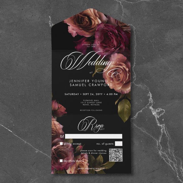Elegant Moody Muted Rust & Burgundy Floral QR Code All In One Invitation (Creator Uploaded)