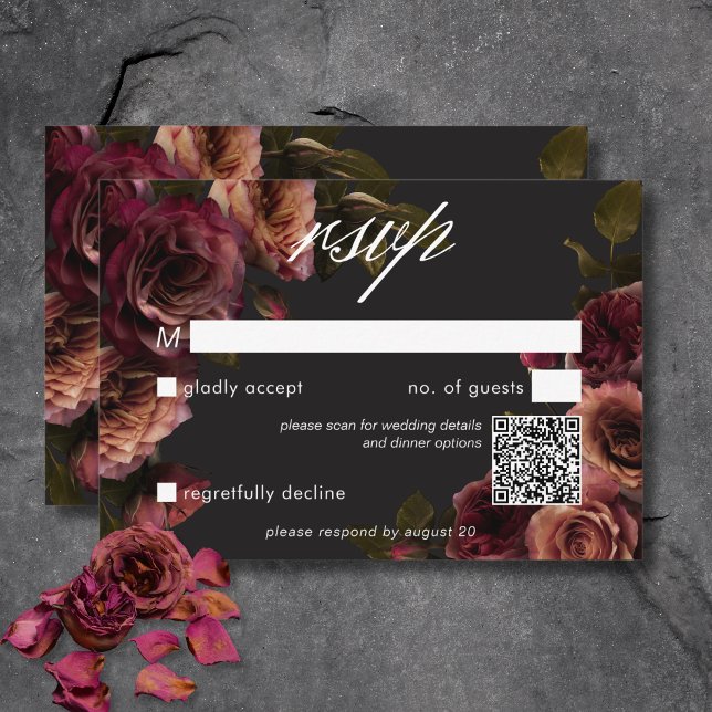 Elegant Moody Muted Rust & Burgundy Floral QR Code RSVP Card (Elegant Moody Muted Rust & Burgundy Floral QR Code RSVP Card)