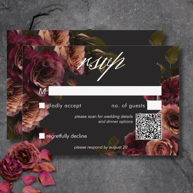 Elegant Moody Muted Rust & Burgundy Floral QR Code RSVP Card (Elegant Moody Muted Rust & Burgundy Floral QR Code RSVP Card)