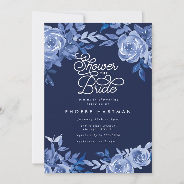 Elegant Moody Navy Blue Floral Bridal Shower Invitation (Front)