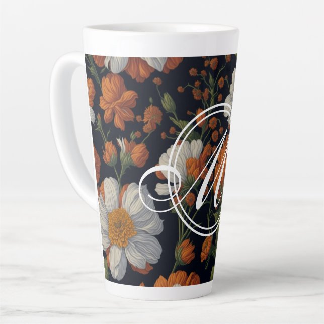 Elegant moody Orange white elegant retro flowers Latte Mug (Left Angle)