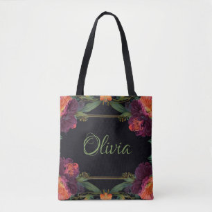 Elegant moody peachy pink boho floral tote bag