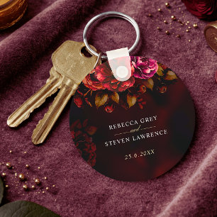 Elegant Moody Red Black Floral Wedding Gift Keychain