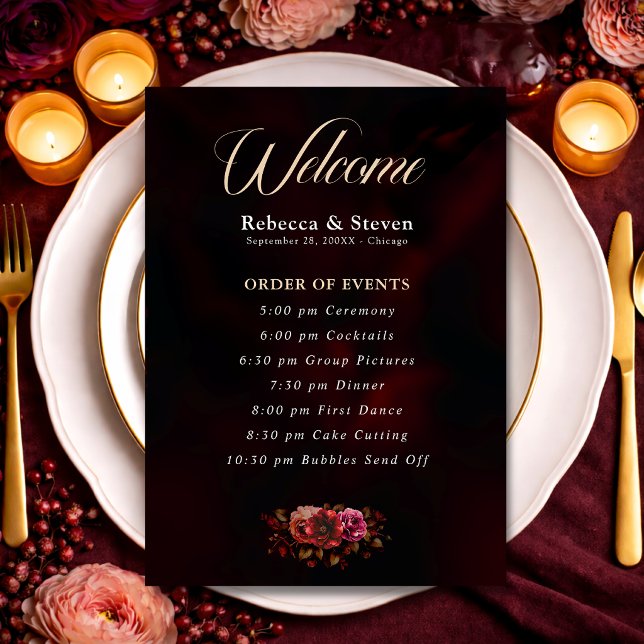 Elegant moody red black floral wedding  program (Creator Uploaded)