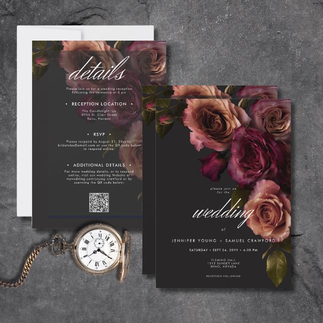 Elegant Moody Rust & Burgundy Floral Two Sided Invitation (Elegant Moody Rust & Burgundy Floral All In One Invitation)