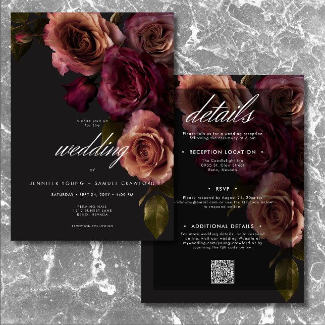 Elegant Moody Rust & Burgundy Floral Two Sided Invitation (Creator Uploaded)