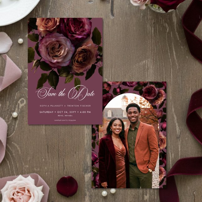 Elegant Moody Soft Rust & Burgundy Floral Photo Save The Date (Creator Uploaded)