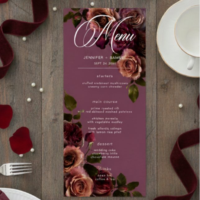 Elegant Moody Soft Rust & Burgundy Floral Wedding Menu (Creator Uploaded)