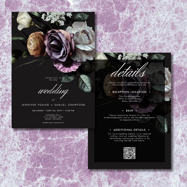Elegant Moody Twilight Muted Floral Two Sided Invitation (Creator Uploaded)