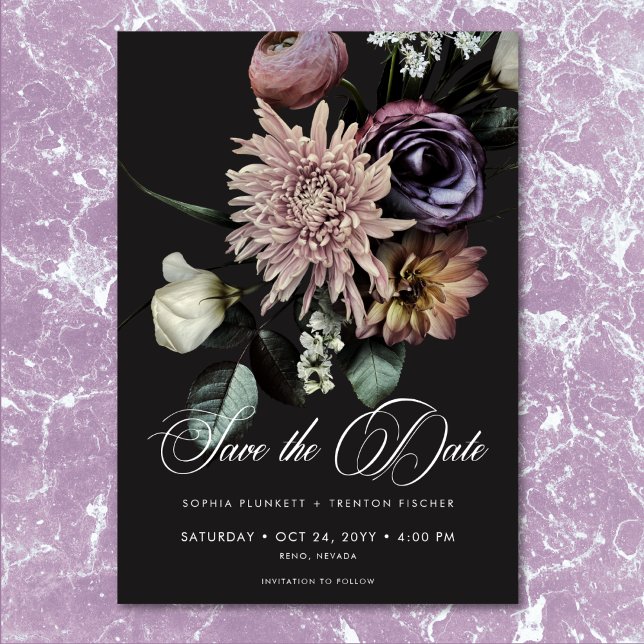 Elegant Moody Twilight Muted Floral Wedding Save The Date (Elegant Moody Twilight Muted Floral Wedding Save The Date)