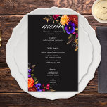 Elegant Moody Vibrant Harvest Floral Wedding Menu<br><div class="desc">Embrace the opulent beauty of a fall floral harvest with our captivating wedding menu. A dramatic, yet soft black background provides the perfect canvas for a breathtakingly realistic bouquet. Imagine a vibrant explosion of colour, featuring roses in orange and dark magenta, with small magenta pink flowers and purple violets and...</div>