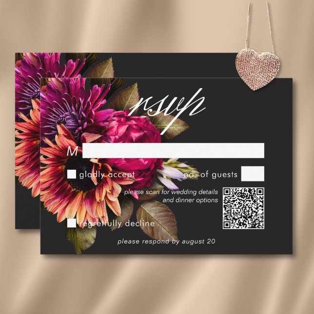 Elegant Moody Vibrant Sunset Floral QR Code RSVP Card (Elegant Moody Vibrant Sunset Floral QR Code RSVP Card)