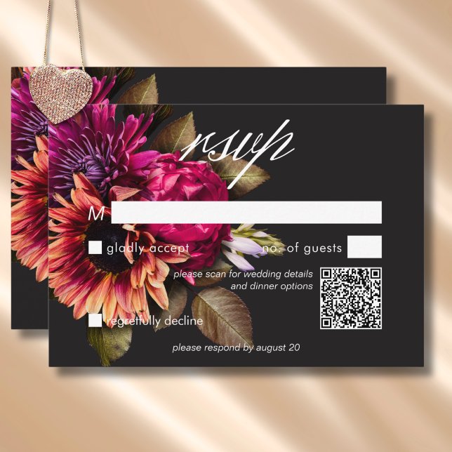 Elegant Moody Vibrant Sunset Floral QR Code RSVP Card (Elegant Moody Vibrant Sunset Floral QR Code RSVP Card)