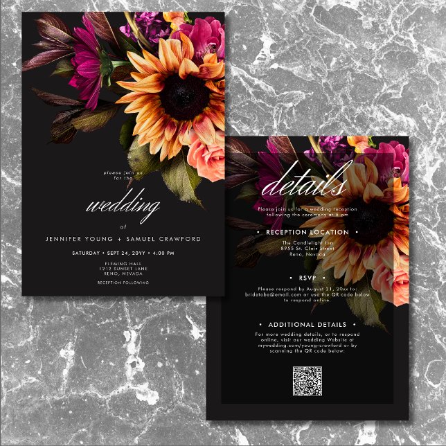 Elegant Moody Vibrant Sunset Floral Two Sided Invitation (Elegant Moody Vibrant Sunset Floral Two Sided Invitation)