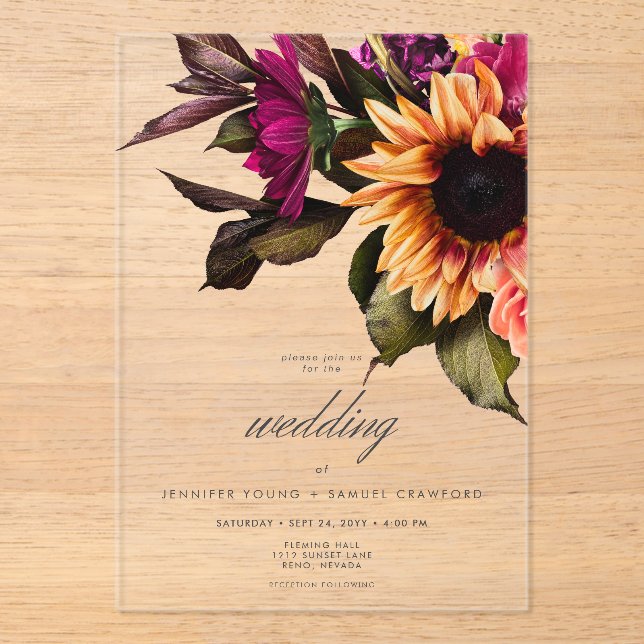 Elegant Moody Vibrant Sunset Floral Wedding Acrylic Invitations (Front)