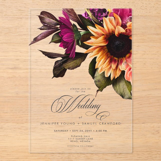 Elegant Moody Vibrant Sunset Floral Wedding Acrylic Invitations (Front)