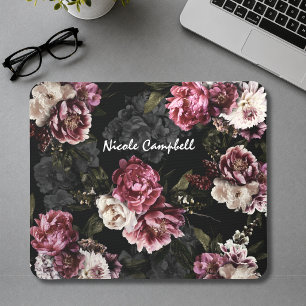 Elegant Moody White Rose Floral Monogram Desktop Mouse Pad