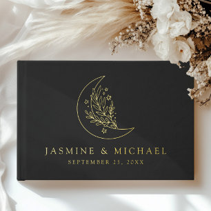 Elegant Moon and Stars Black and Gold Wedding Guest Book