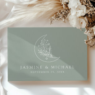 Elegant Moon and Stars Sage Green Wedding Guest Book
