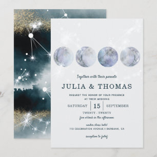 Elegant Moon Blue Gold Stars Wedding Invitation