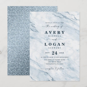 Elegant Moonlight Blue Marble & Glitter Wedding Invitation