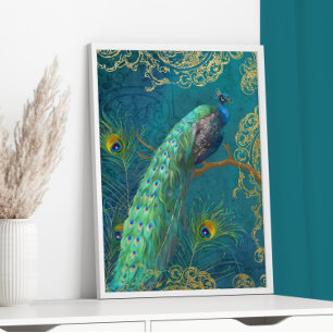 Elegant Moonlight Peacock n Feather Gold Foil Teal Prints