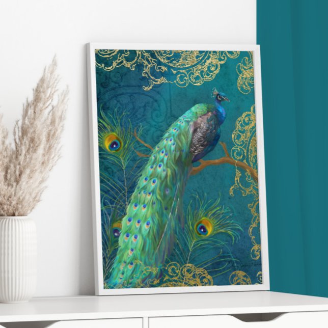 Elegant Moonlight Peacock n Feather Gold Foil Teal Prints (Creator Uploaded)