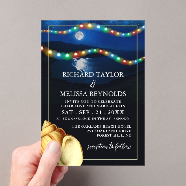 Elegant Moonlit Beach Wedding Acrylic Invitations (Insitu (Handheld))
