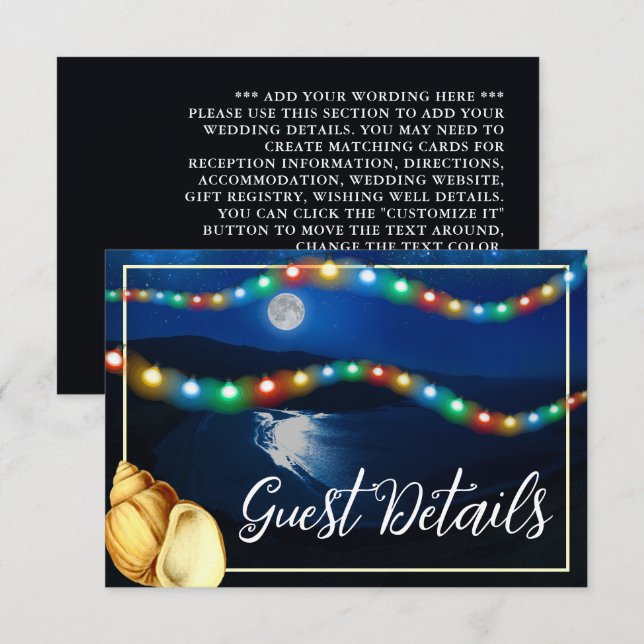 Elegant Moonlit Beach Wedding Detail Enclosure Card (Front/Back)