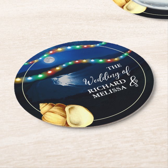 Elegant Moonlit Beach Wedding Round Paper Coaster (Angled)