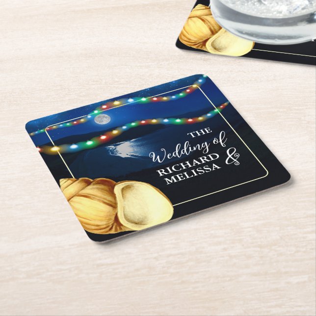 Elegant Moonlit Beach Wedding Square Paper Coaster (Angled)
